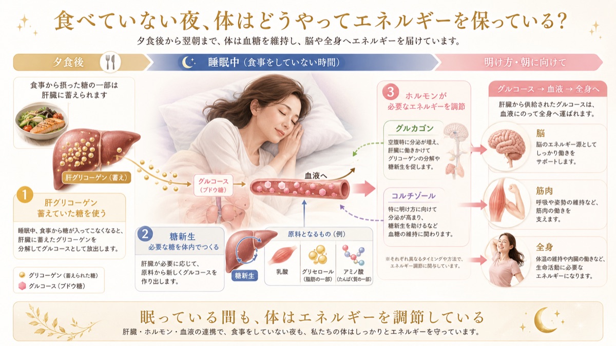 食べていない夜、体はどうやってエネルギーを保っているかを示す図解